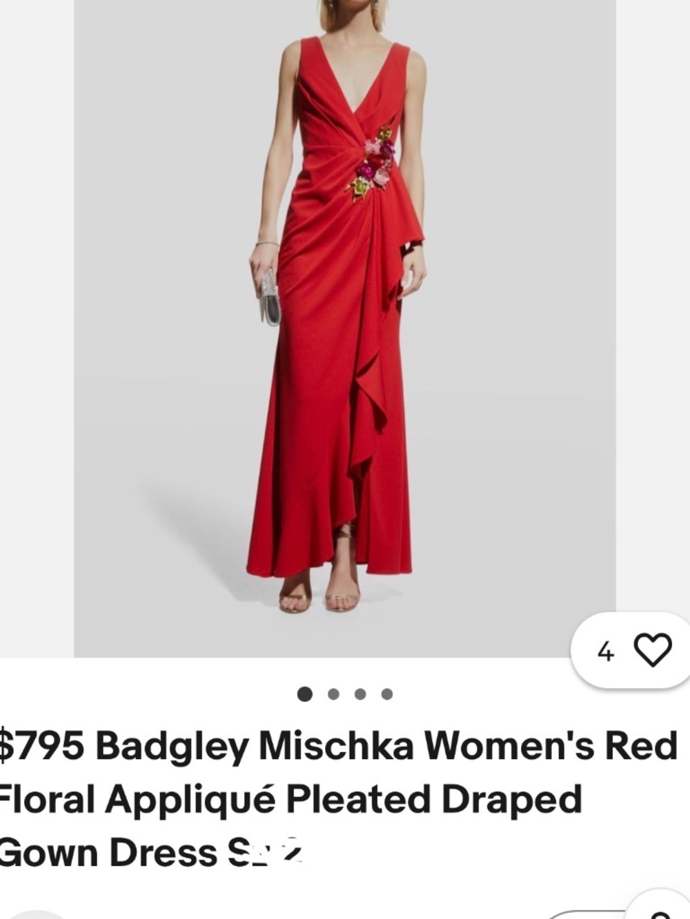 $795 Badgley Mischka Women's Red Floral Appliqué Pleated Draped Gown Dress Size